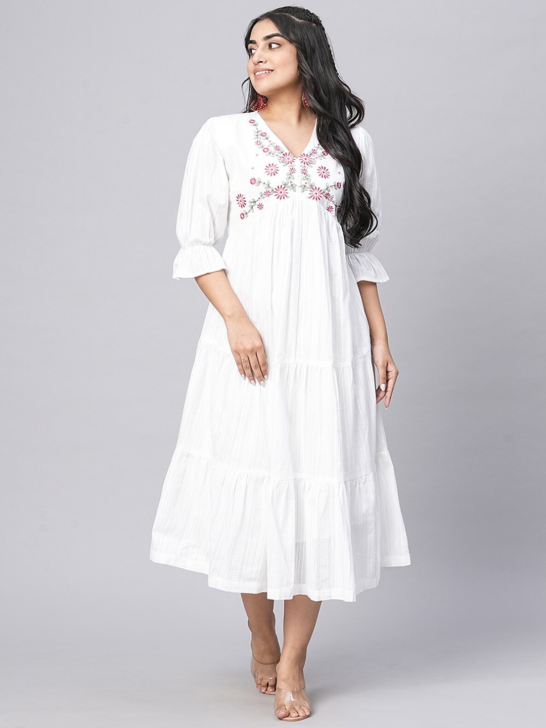 

ODETTE Floral Embroidered V Neck Cotton Fit and Flared Midi Dress, White