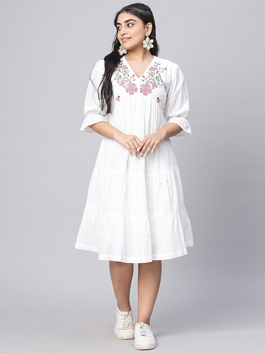 

ODETTE Floral Embroidered V Neck Cotton Fit and Flared Midi Dress, White