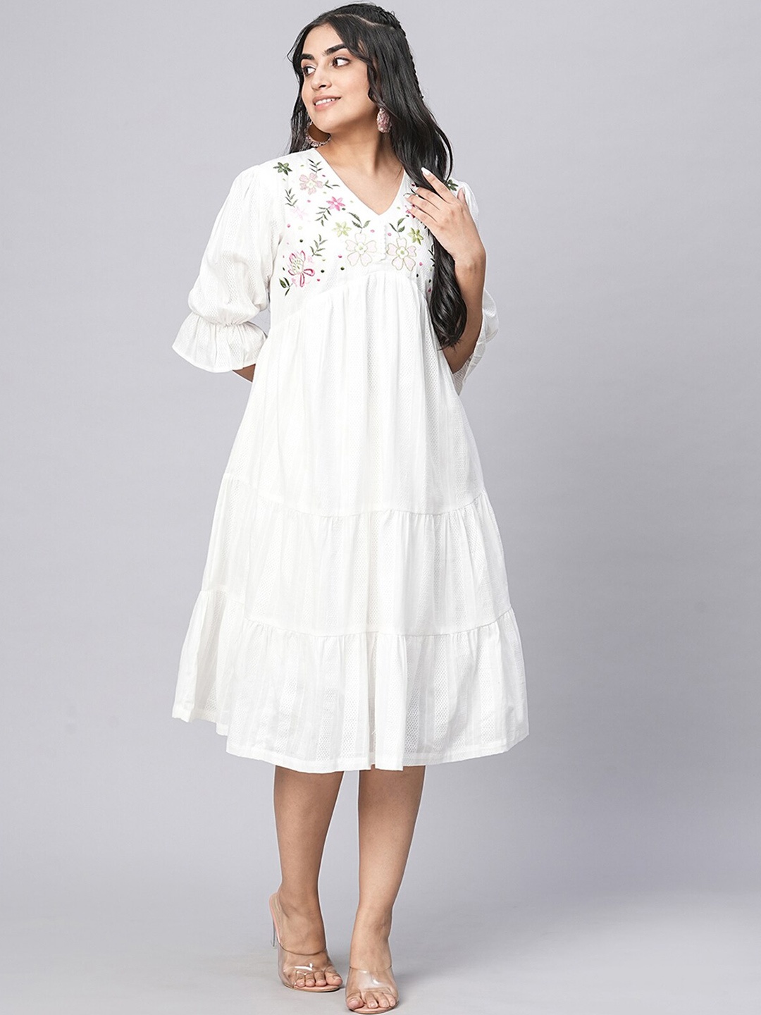 

ODETTE Floral Embroidered V Neck Cotton Fit and Flared Midi Dress, White