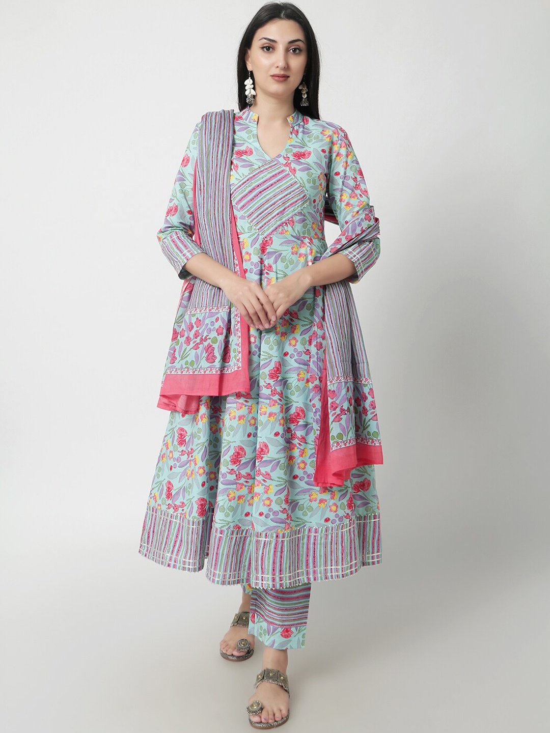 

JANAKDULARI CREATION Floral Printed Pure Cotton Anarkali Kurta with Palazzos & Dupatta, Blue