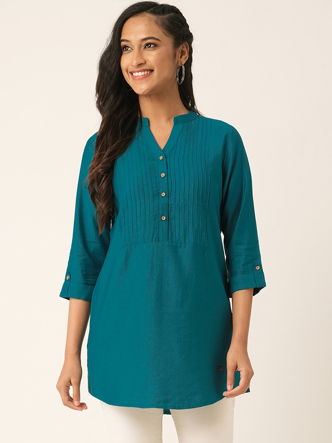 

ODETTE Mandarin Collar Roll-Up Sleeves A-Line Kurti, Teal