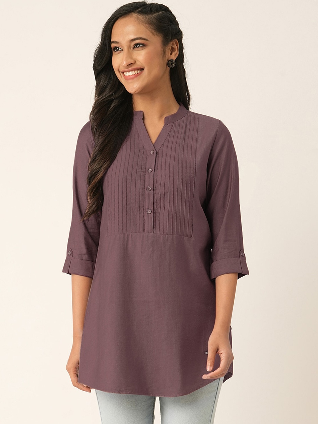 

ODETTE Roll-Up Sleeves Stitched Short Kurta, Mauve