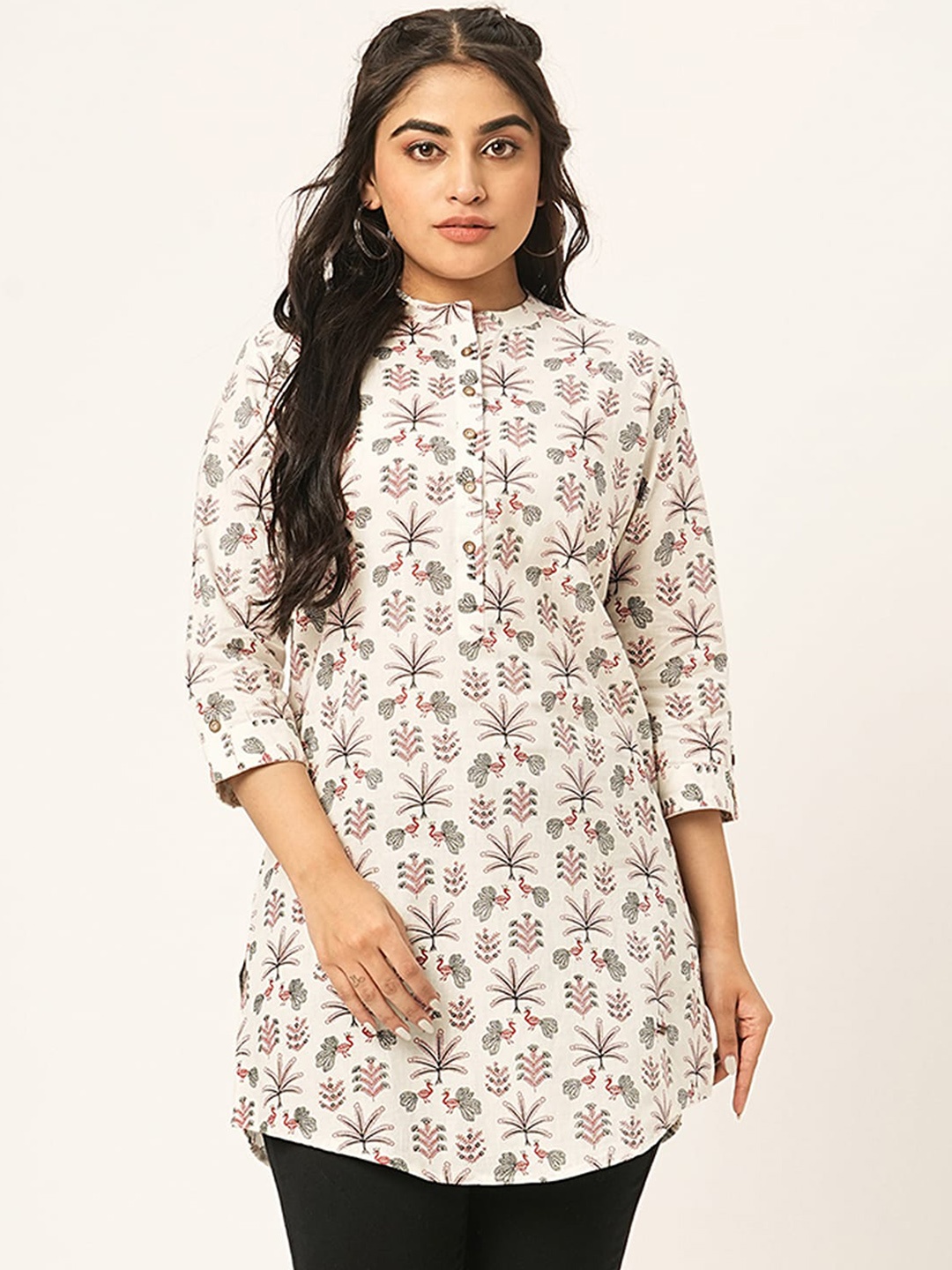 

ODETTE Floral Printed Mandarin Collar Roll-Up Sleeves Straight Kurti, Cream