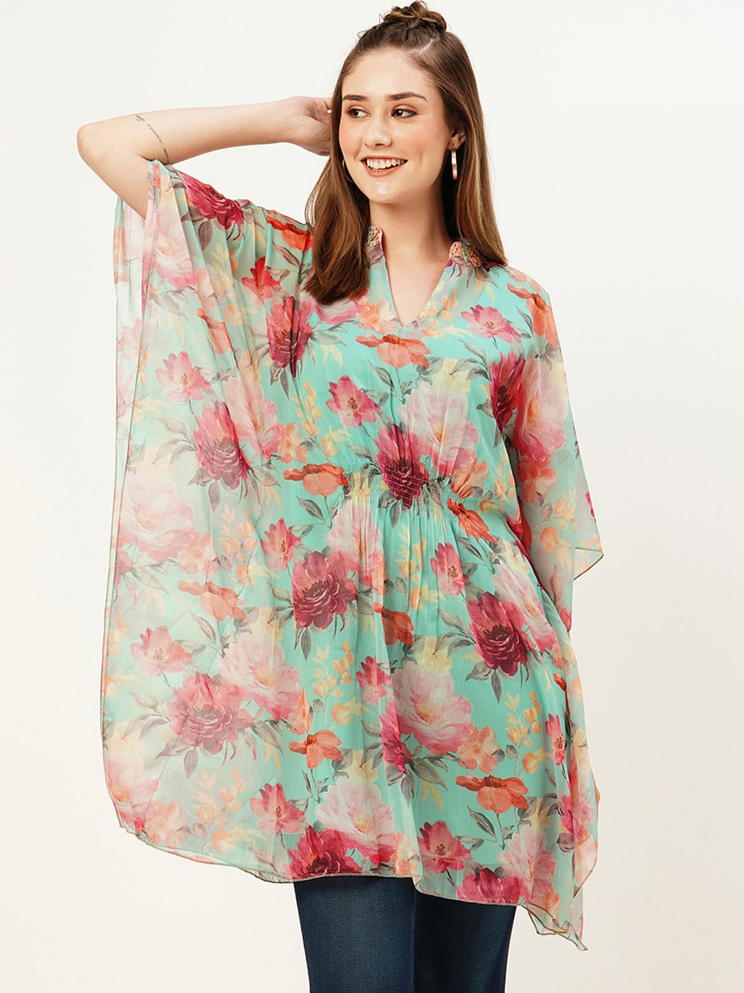 

ODETTE Floral Printed Flared Sleeves Mirror Work Short Kaftan Kurta, Sea green