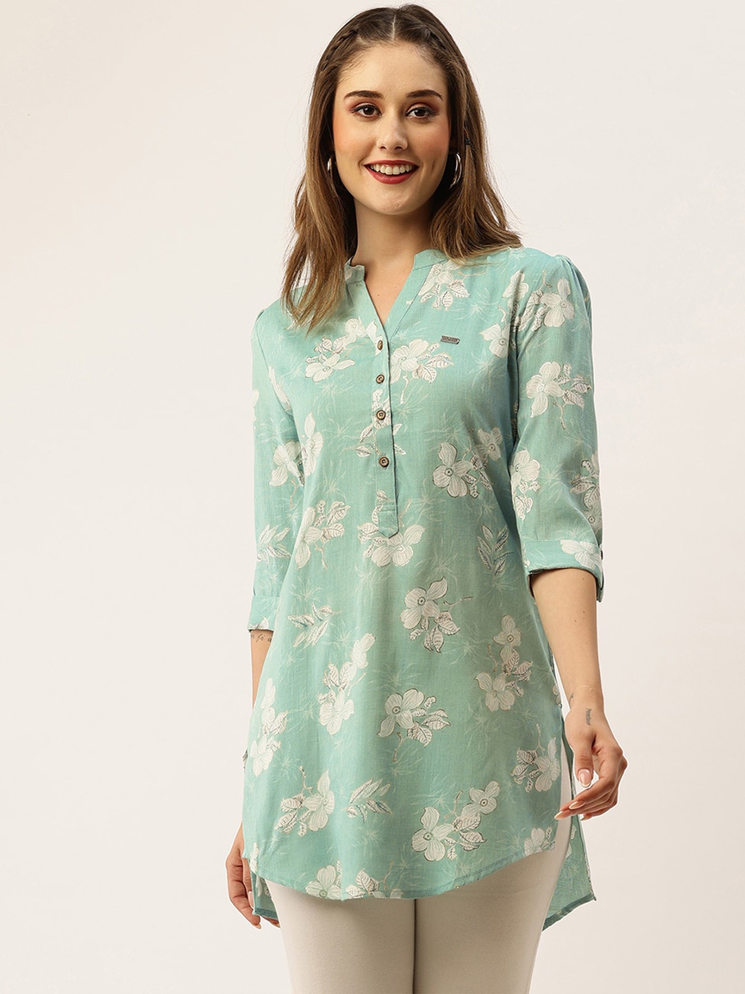 

ODETTE Floral Printed Mandarin Collar A-Line Kurti, Blue