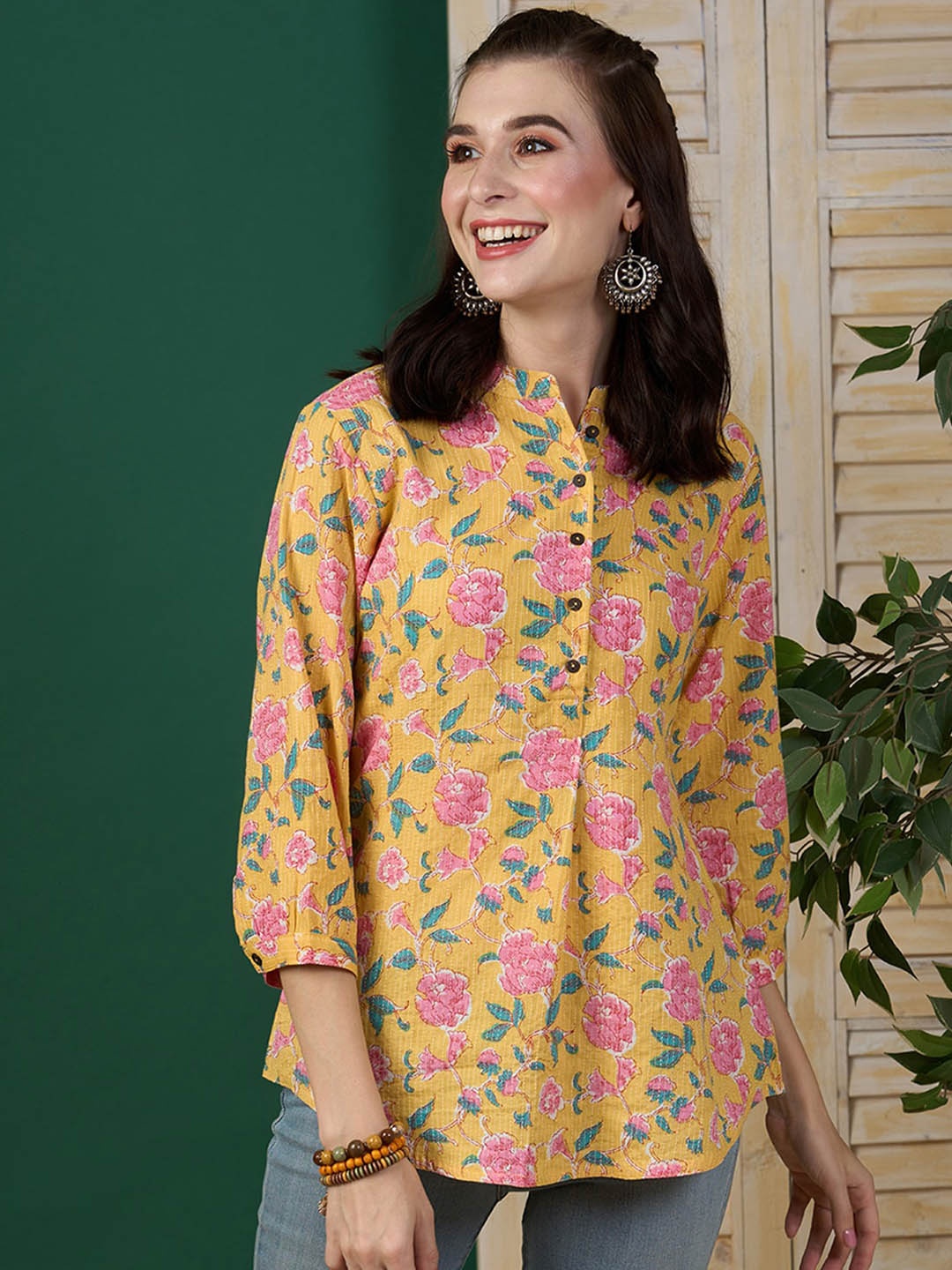 

ODETTE Mandarin Collar Floral Printed Cotton Short Kurta, Mustard