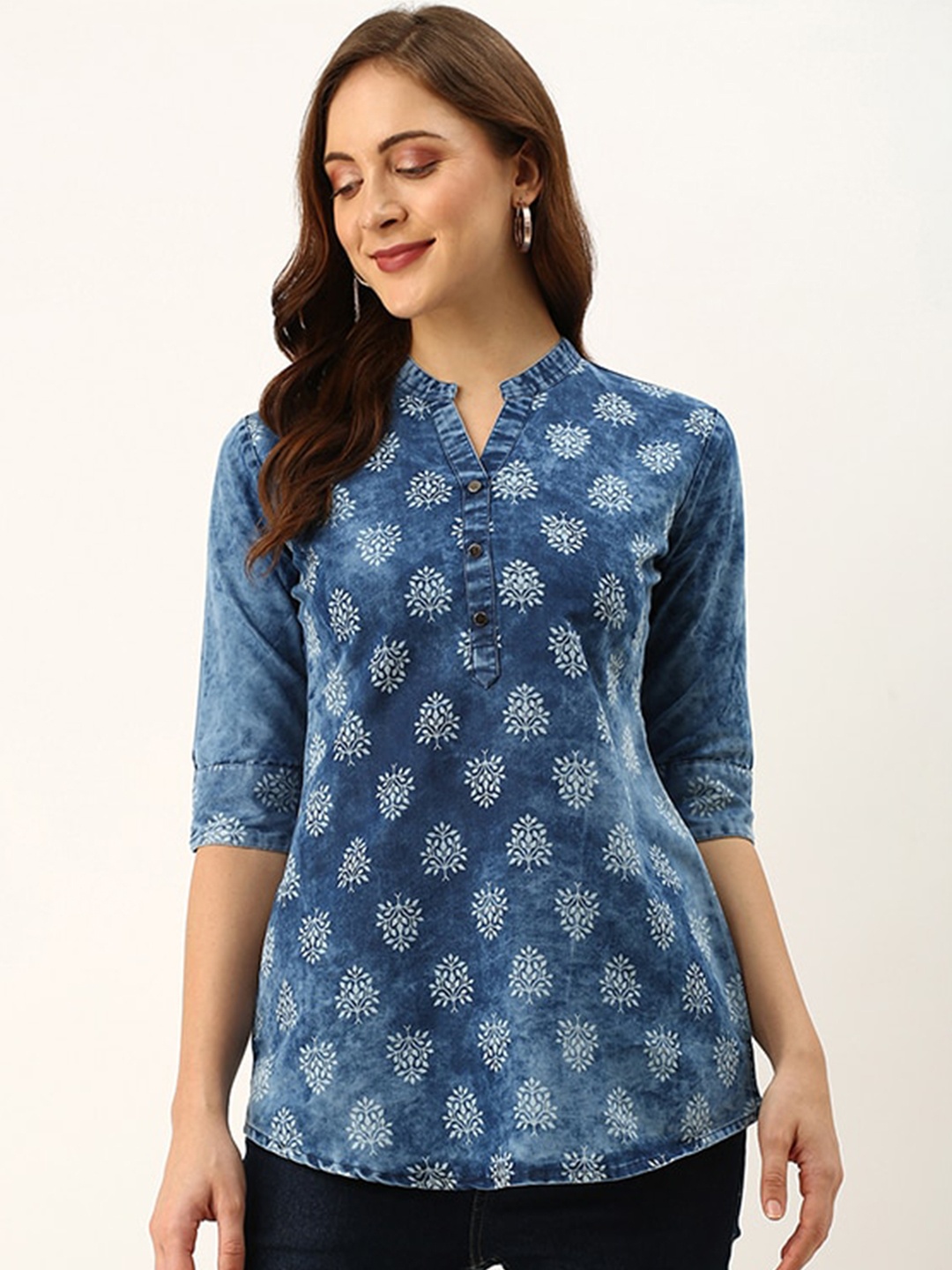 

ODETTE Floral Printed Denim Stitched Short Kurta, Blue