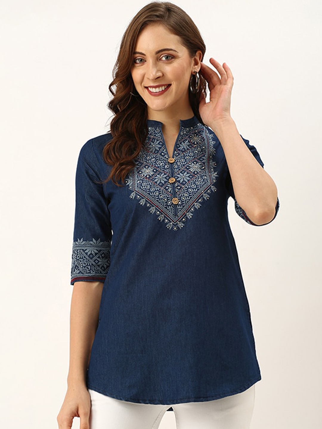 

ODETTE Mandarin Collar Floral Embroidered Denim A-Line Straight Kurti, Blue