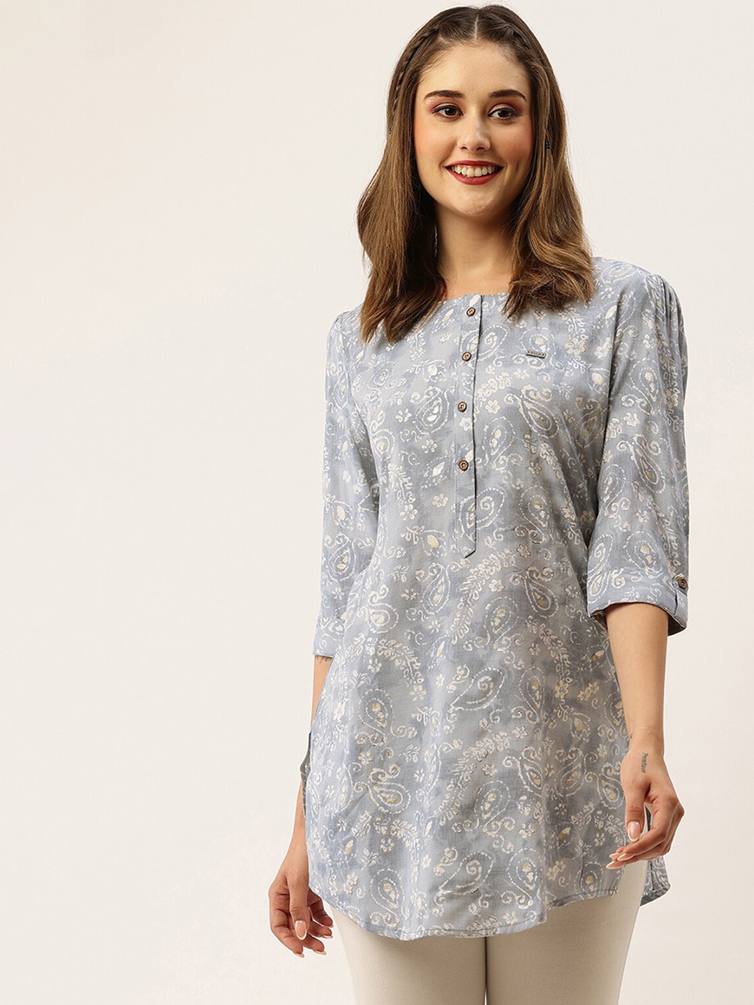 

ODETTE Women Ethnic Motifs Printed Short Kurta, Grey