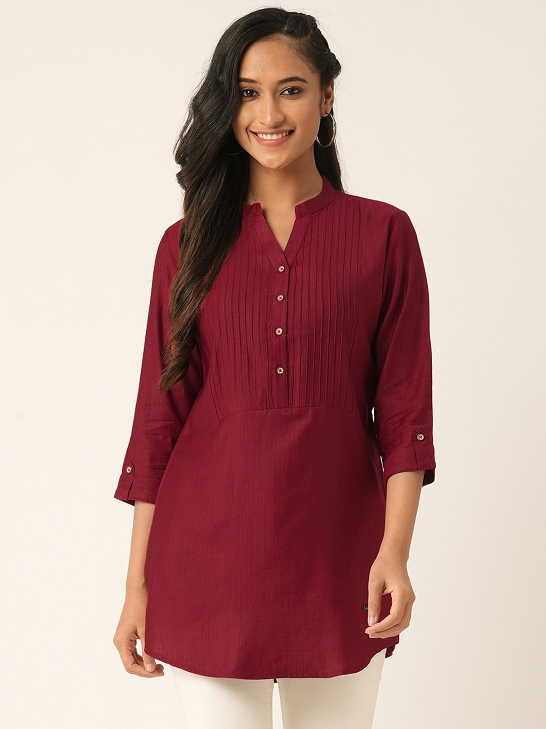 

ODETTE Striped Mandarin Collar Roll-Up Sleeves Straight Kurti, Maroon