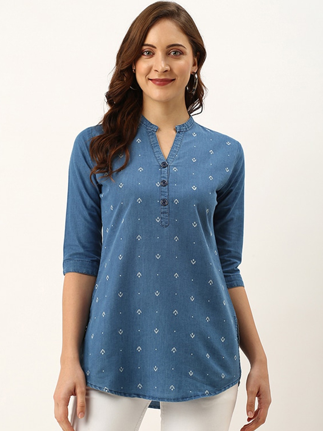 

ODETTE Ethnic Motifs Woven Design Denim Kurti, Blue