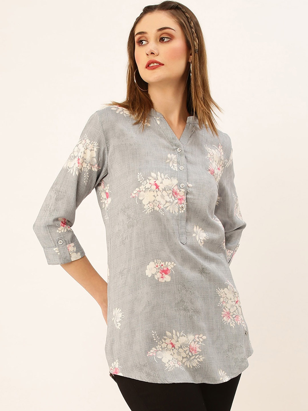 

ODETTE Floral Printed Short Strigth Kurta, Grey