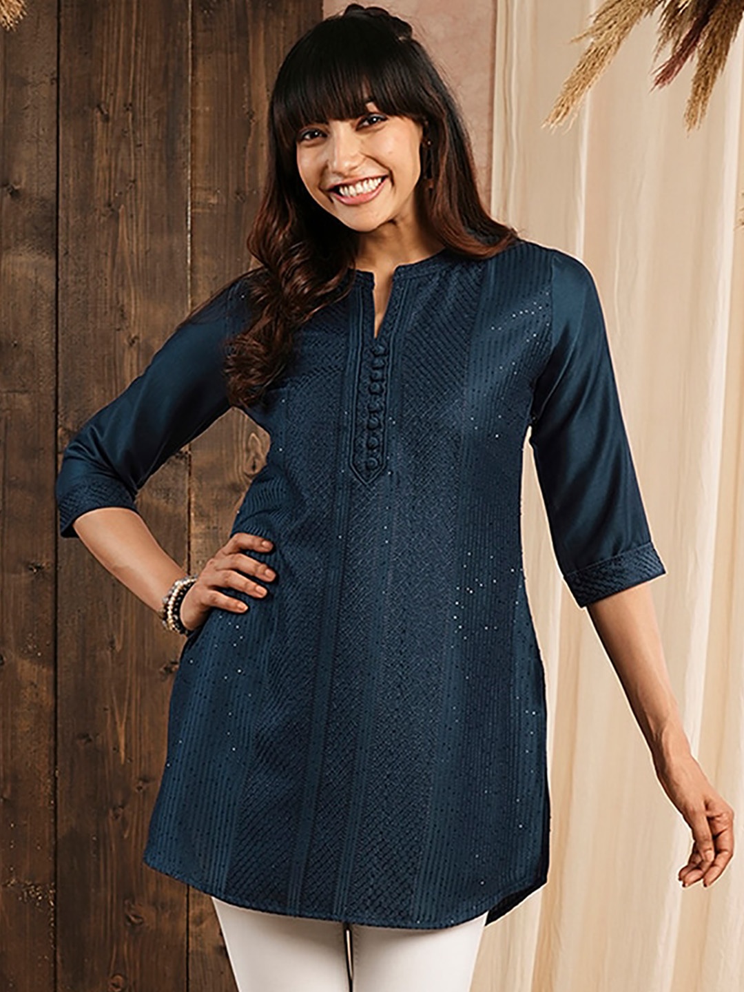 

ODETTE Embroidered Mandarin Collar Chanderi Silk Stitched Short Kurta, Teal