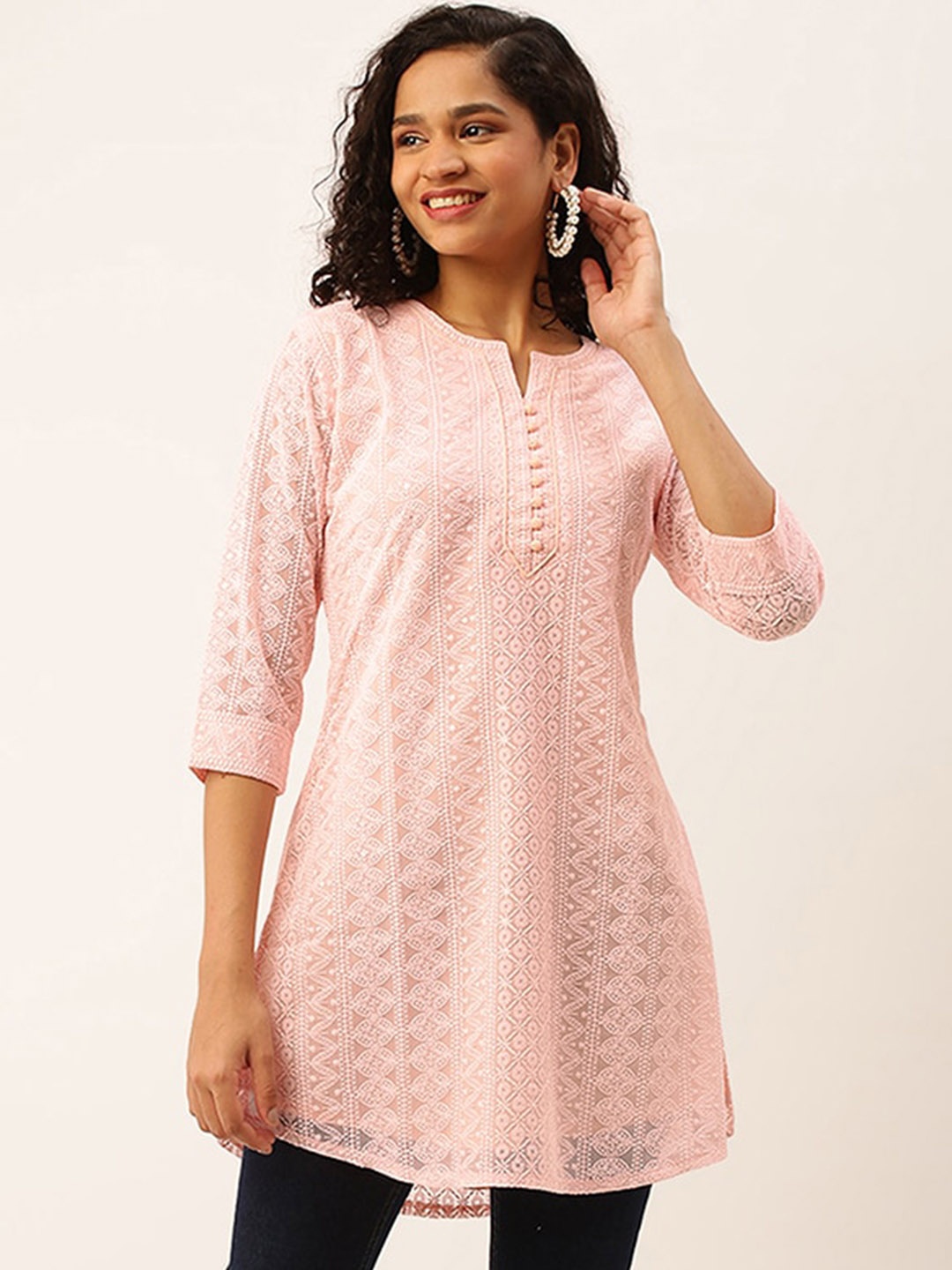 

ODETTE Ethnic Motifs Embroidered Georgette Short Kurta, Peach