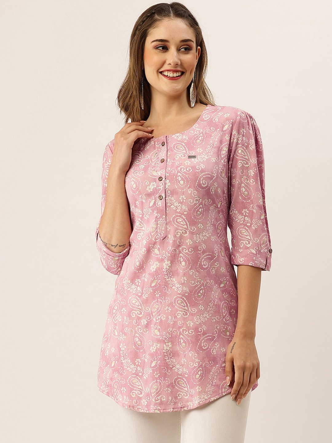 

ODETTE Floral Printed Round Neck Roll-Up Sleeves A-Line Kurti, Pink