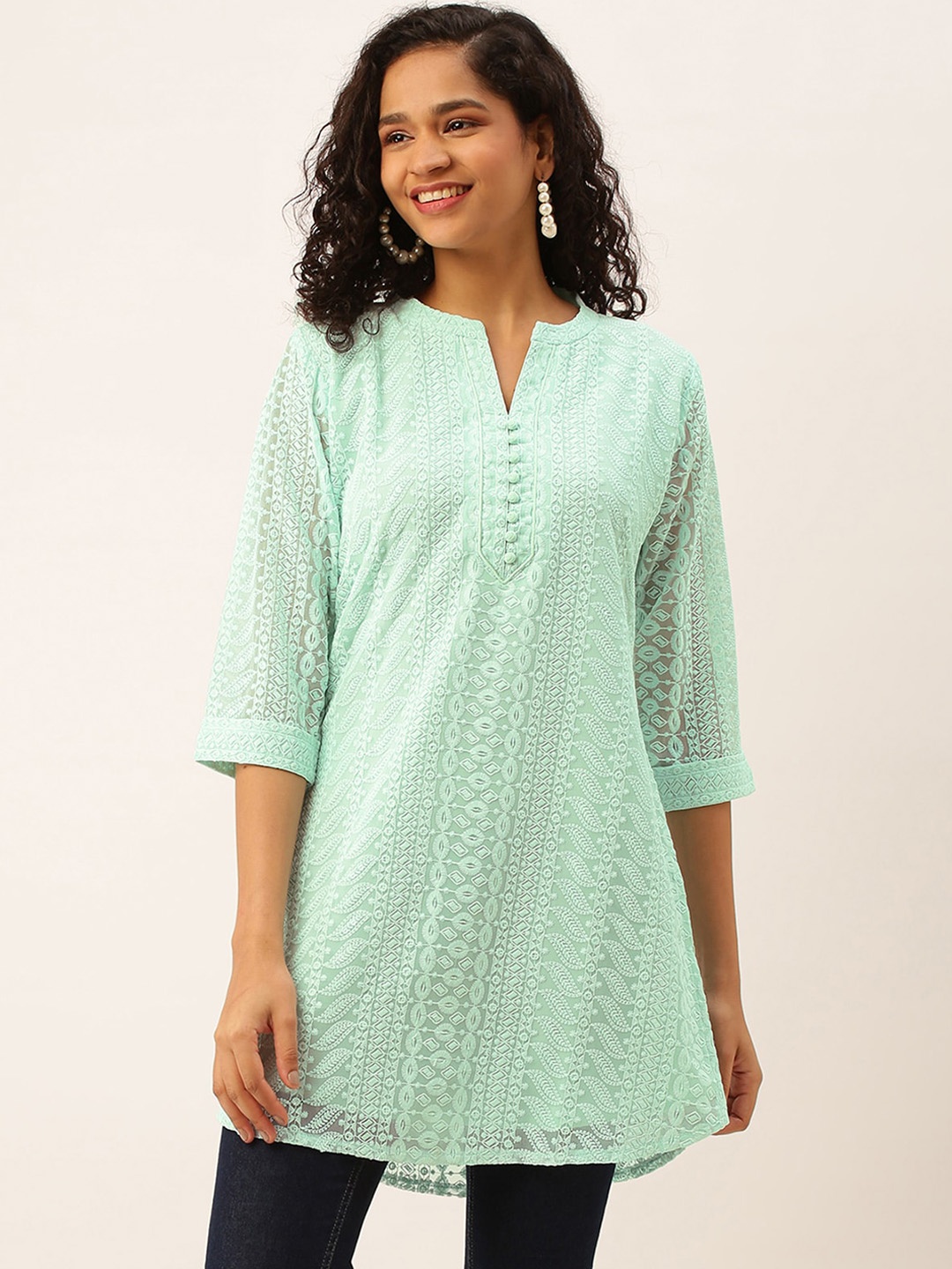 

ODETTE Floral Embroidered Pure Georgette Kurti, Green
