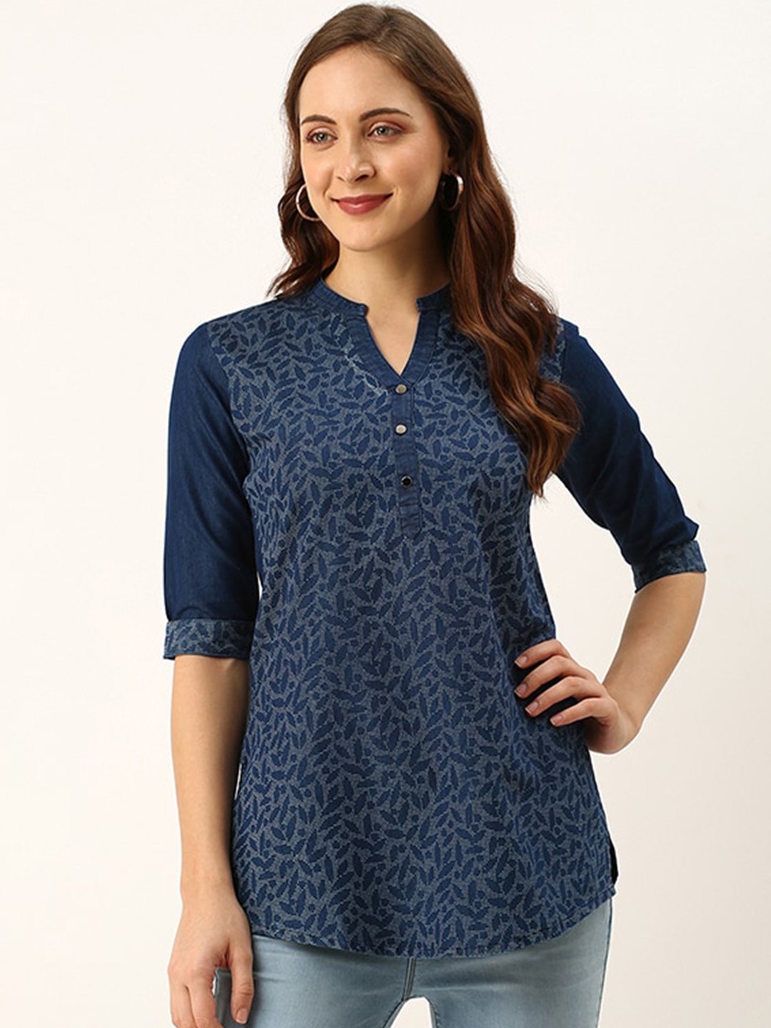 

ODETTE Band Collar Short Kurta, Blue