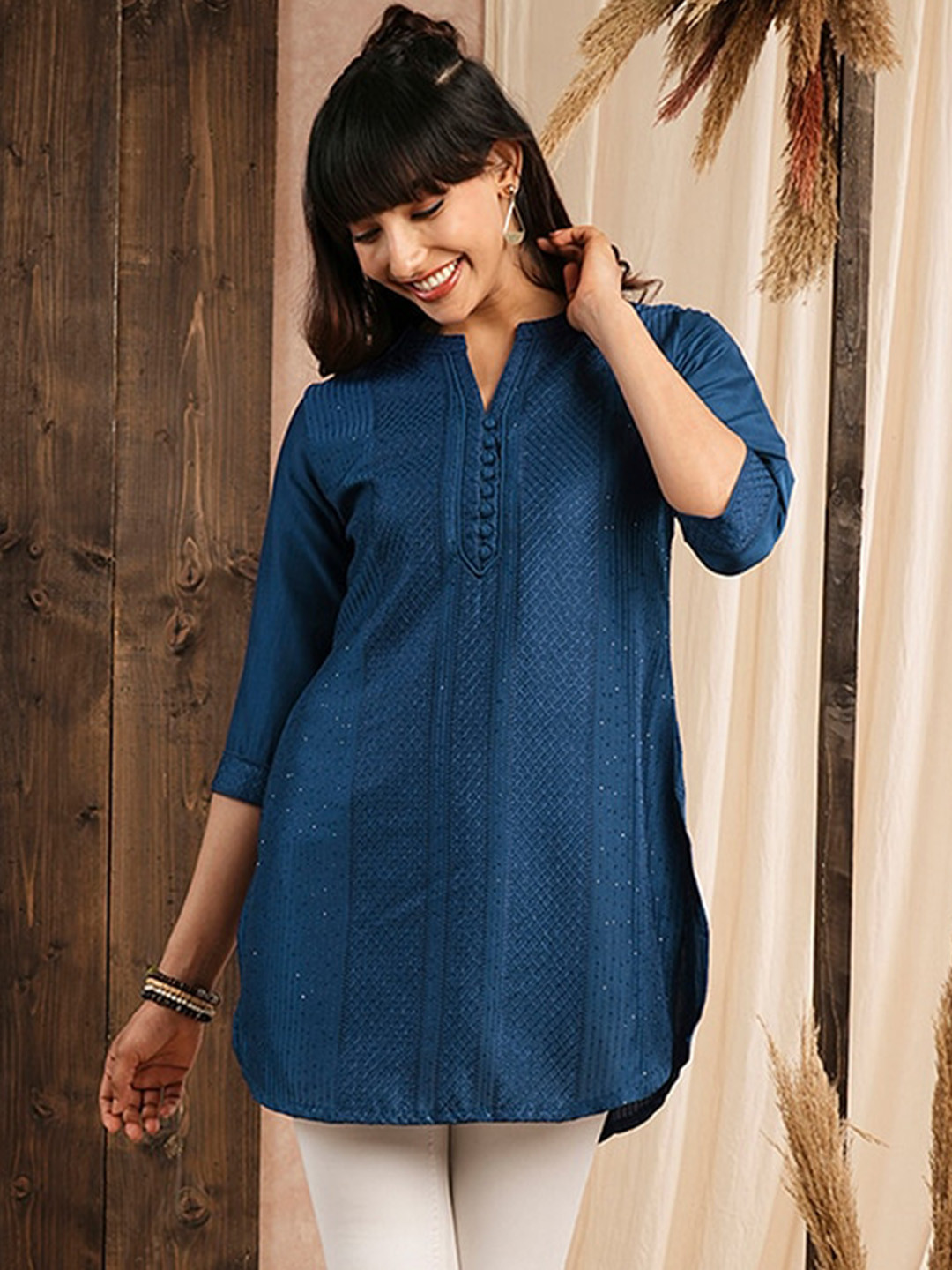 

ODETTE Embroidered Thread Work Chanderi Silk Short Kurta, Blue