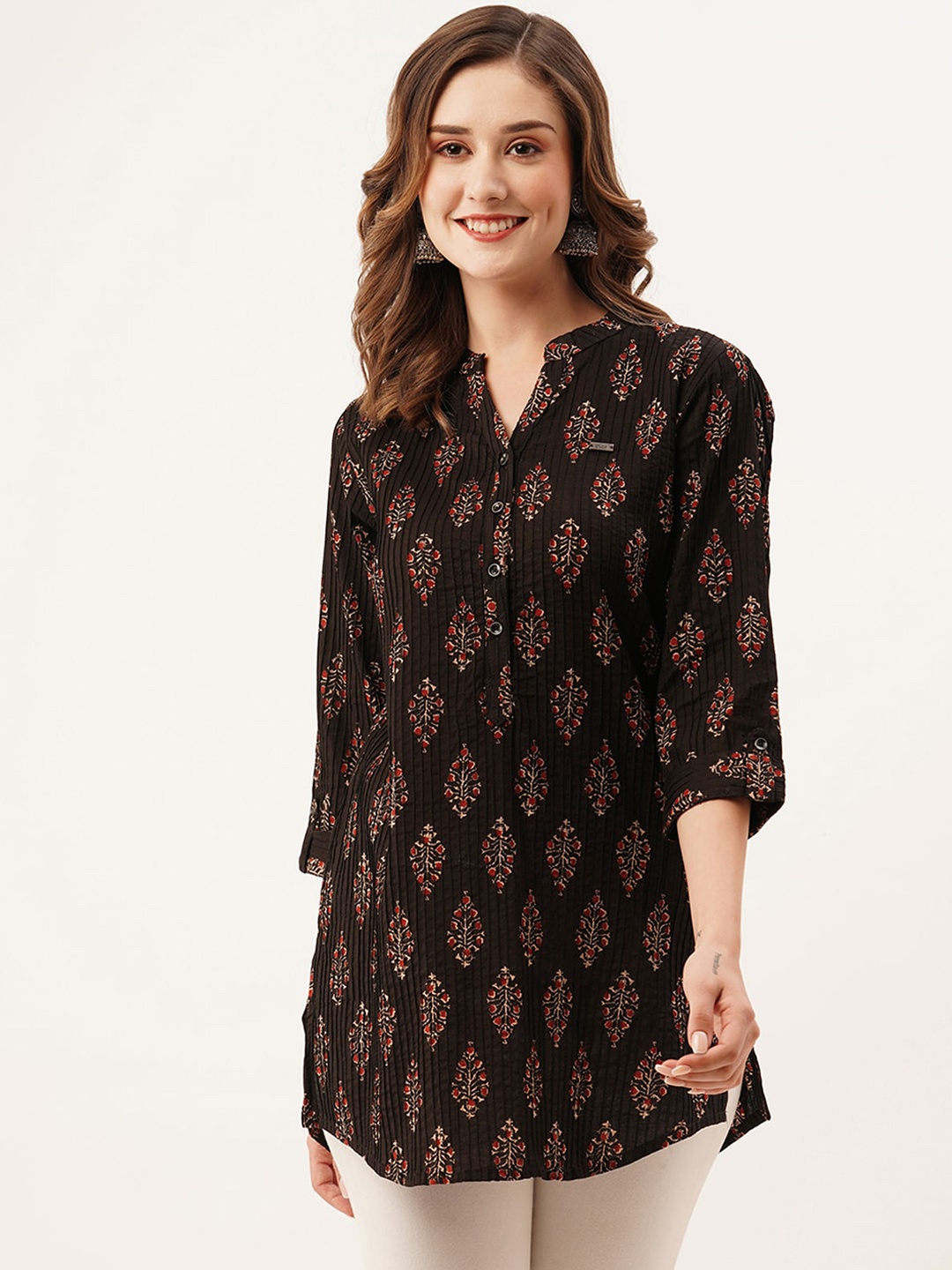 

ODETTE Ethnic Motifs Printed Mandarin Collar Cotton Straight Kurta, Black