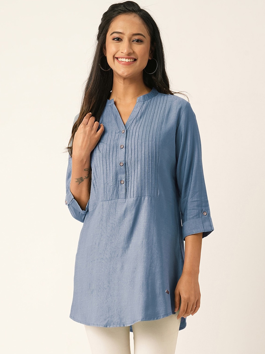 

ODETTE Mandarin Collar Roll-Up Sleeves A-Line Kurta, Grey