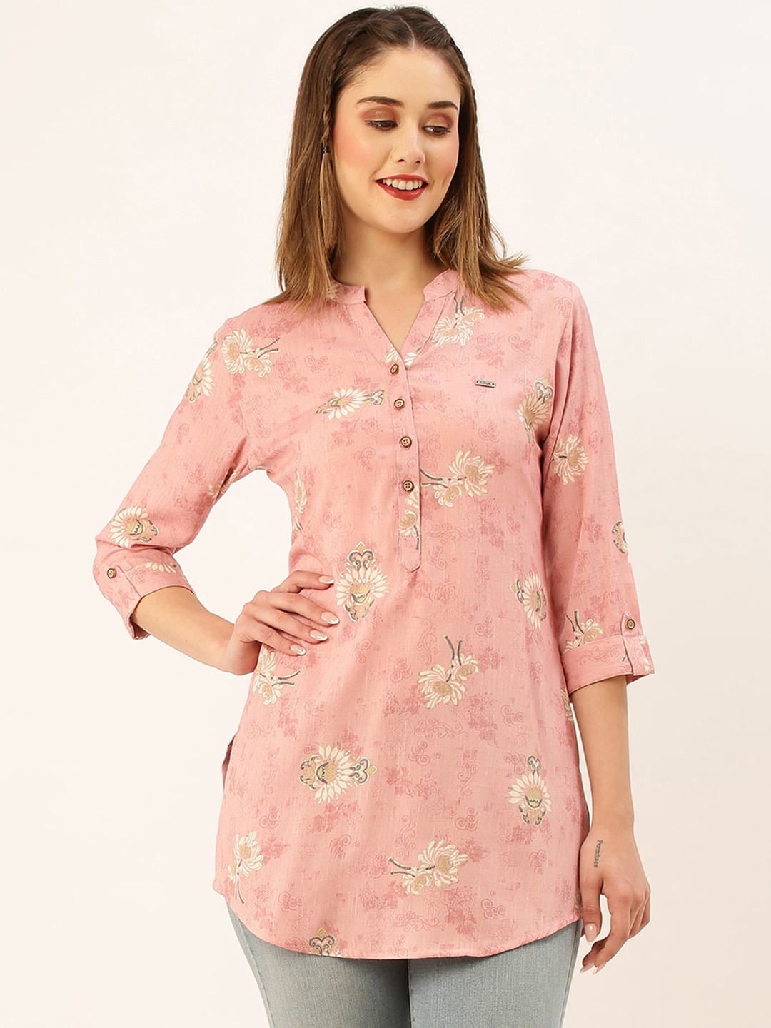 

ODETTE Floral Printed Short Straigth Kurta, Pink