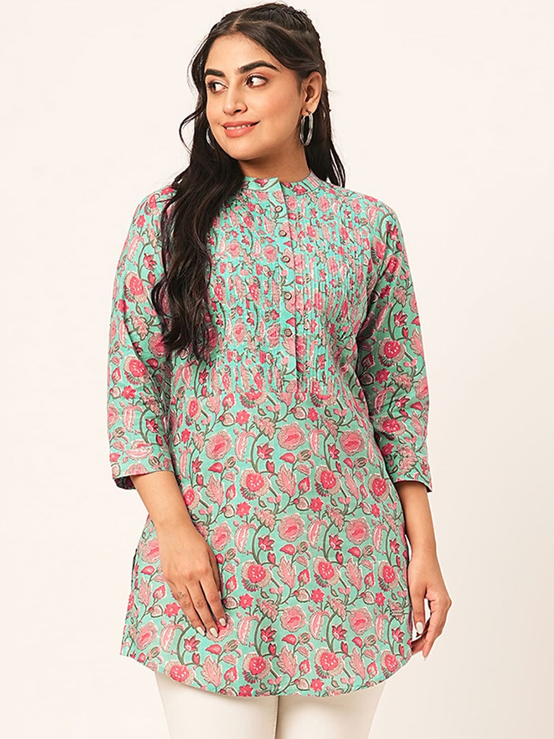 

ODETTE Mandarin Collar Floral Printed Cotton Short Kurta, Green