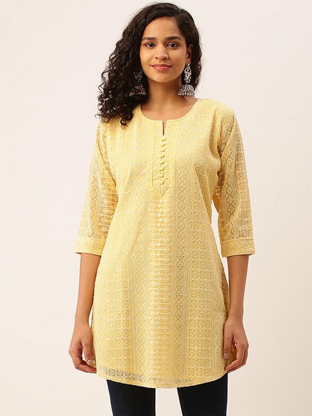 

ODETTE Embroidered Thread Work Short Strigth Kurta, Yellow