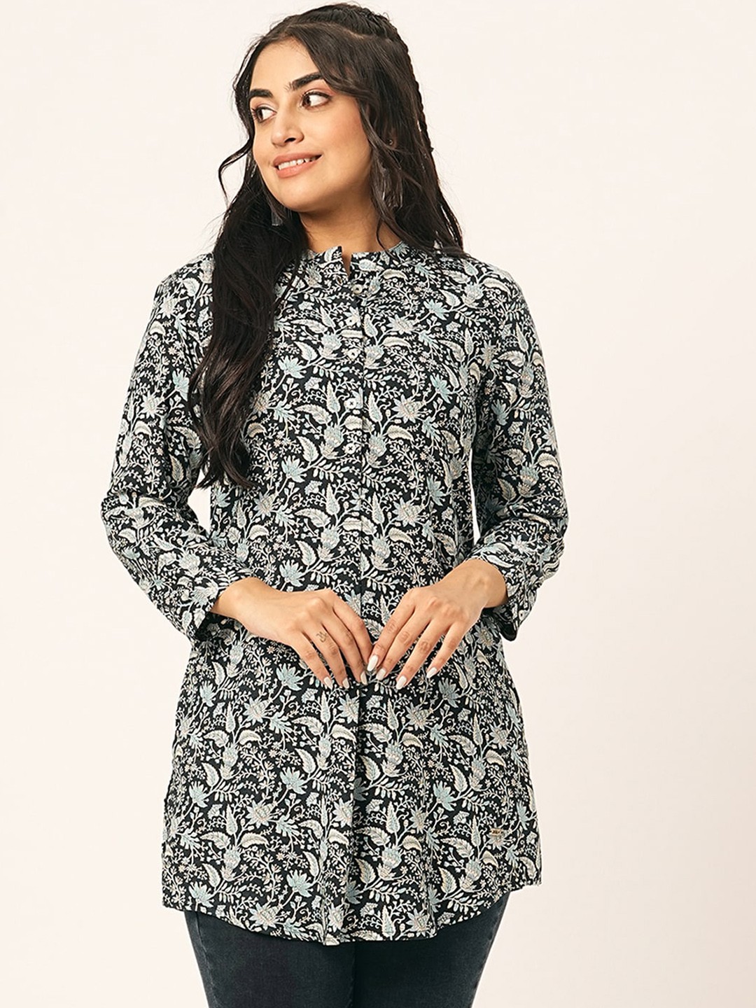 

ODETTE Floral Printed Cotton Short Kurta, Blue