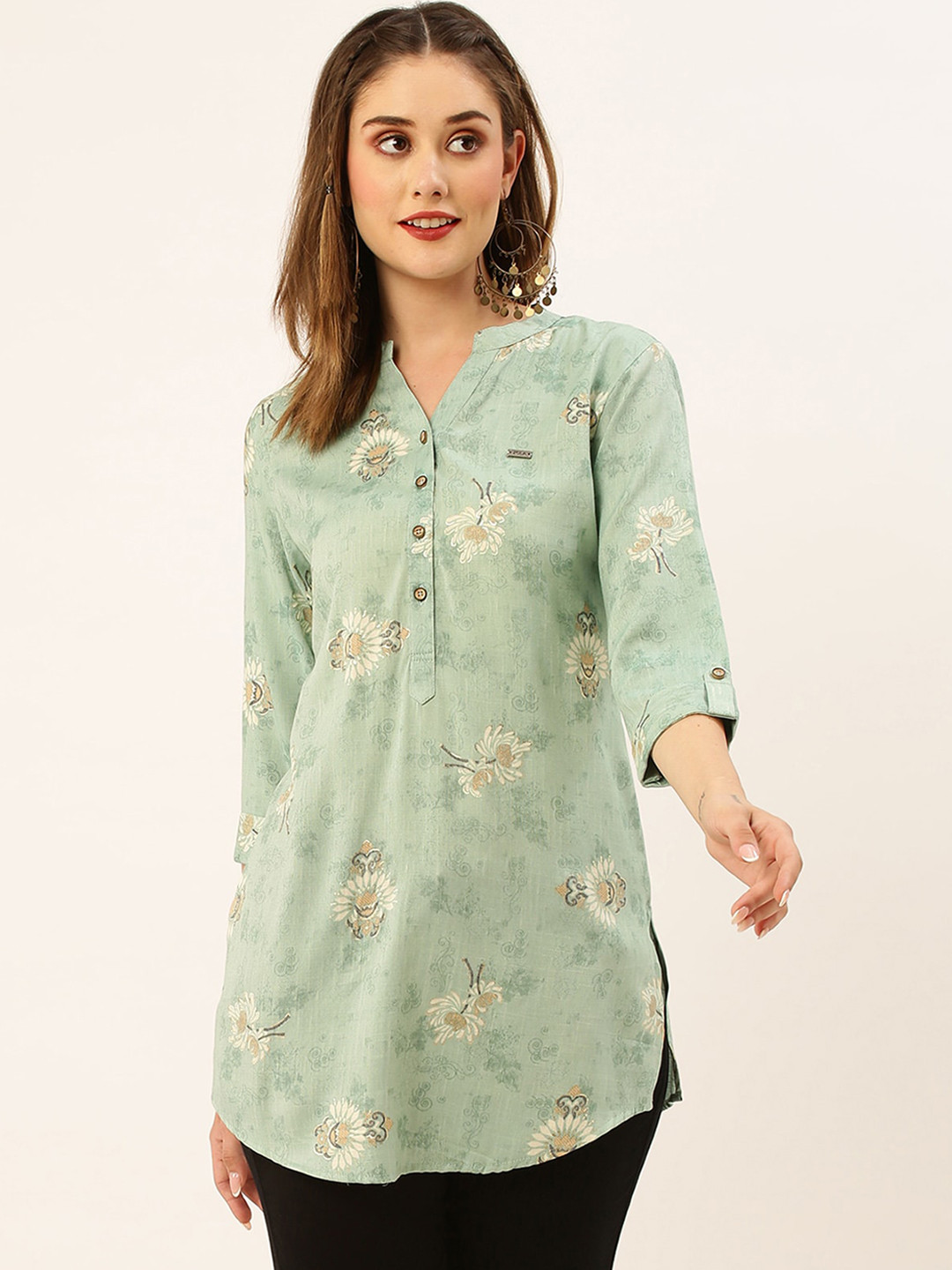 

ODETTE Floral Printed Chikankari A-Line Kurta, Green