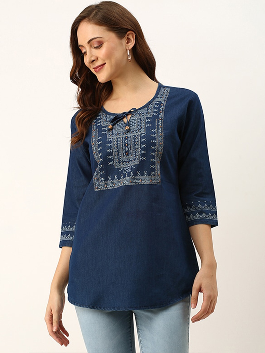 

ODETTE Ethnic Motifs Embroidered Denim Stitched Short Kurta, Blue