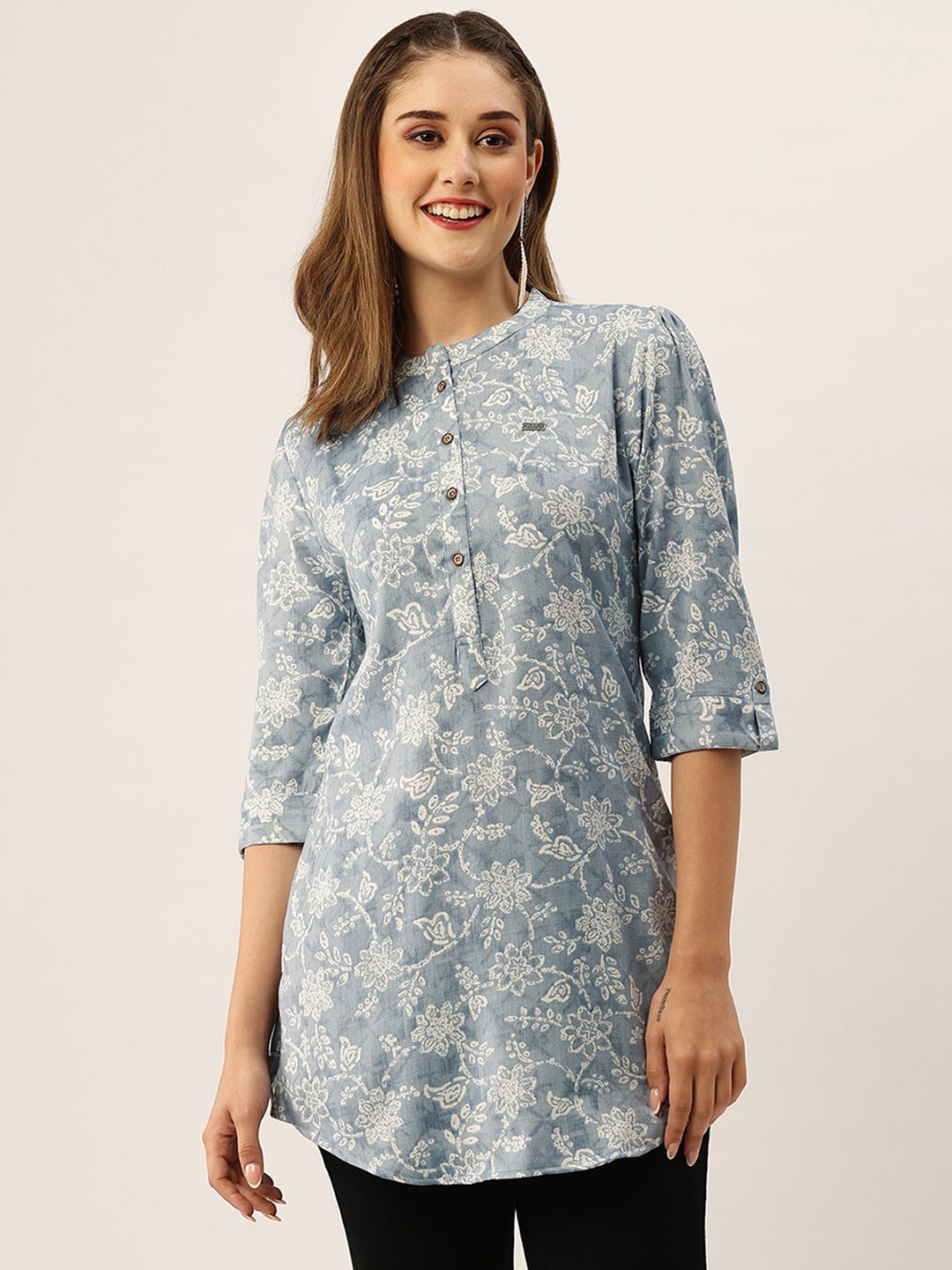 

ODETTE Mandarin Collar Floral Printed Short Kurta, Blue