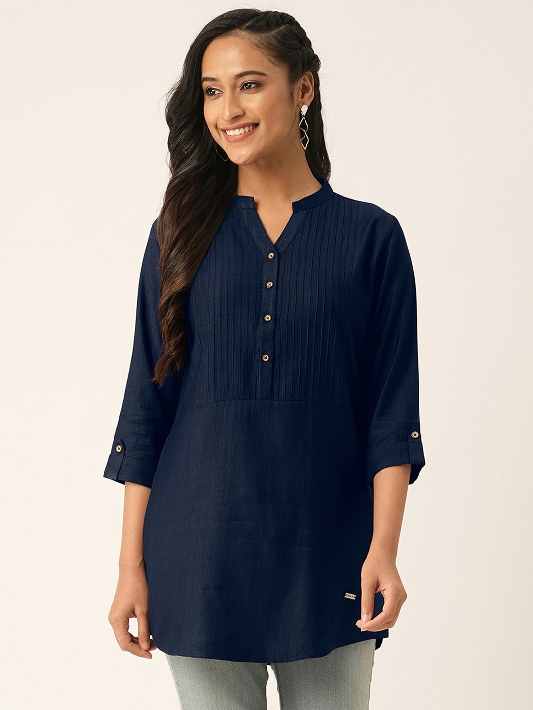 

ODETTE Mandarin Collar Roll-Up Sleeves A-Line Kurta, Navy blue