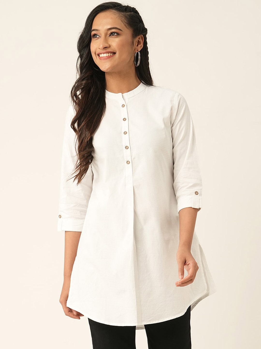 

ODETTE Mandarin Collar Cotton Short Kurta, White