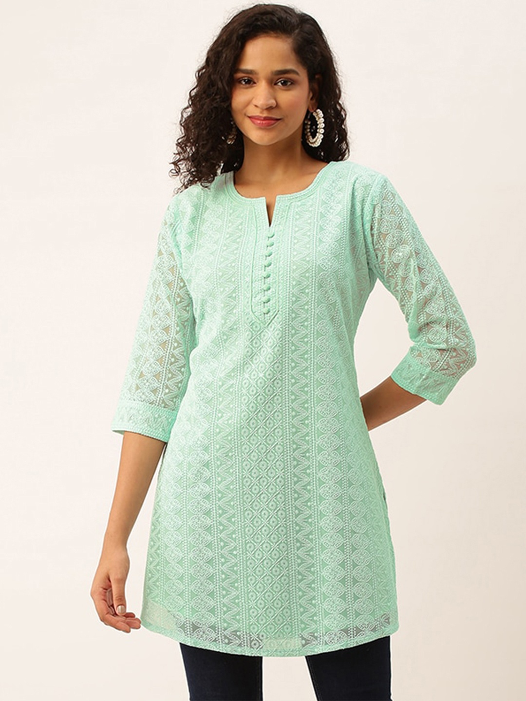 

ODETTE Geometric Chikankari Georgette Kurta, Sea green