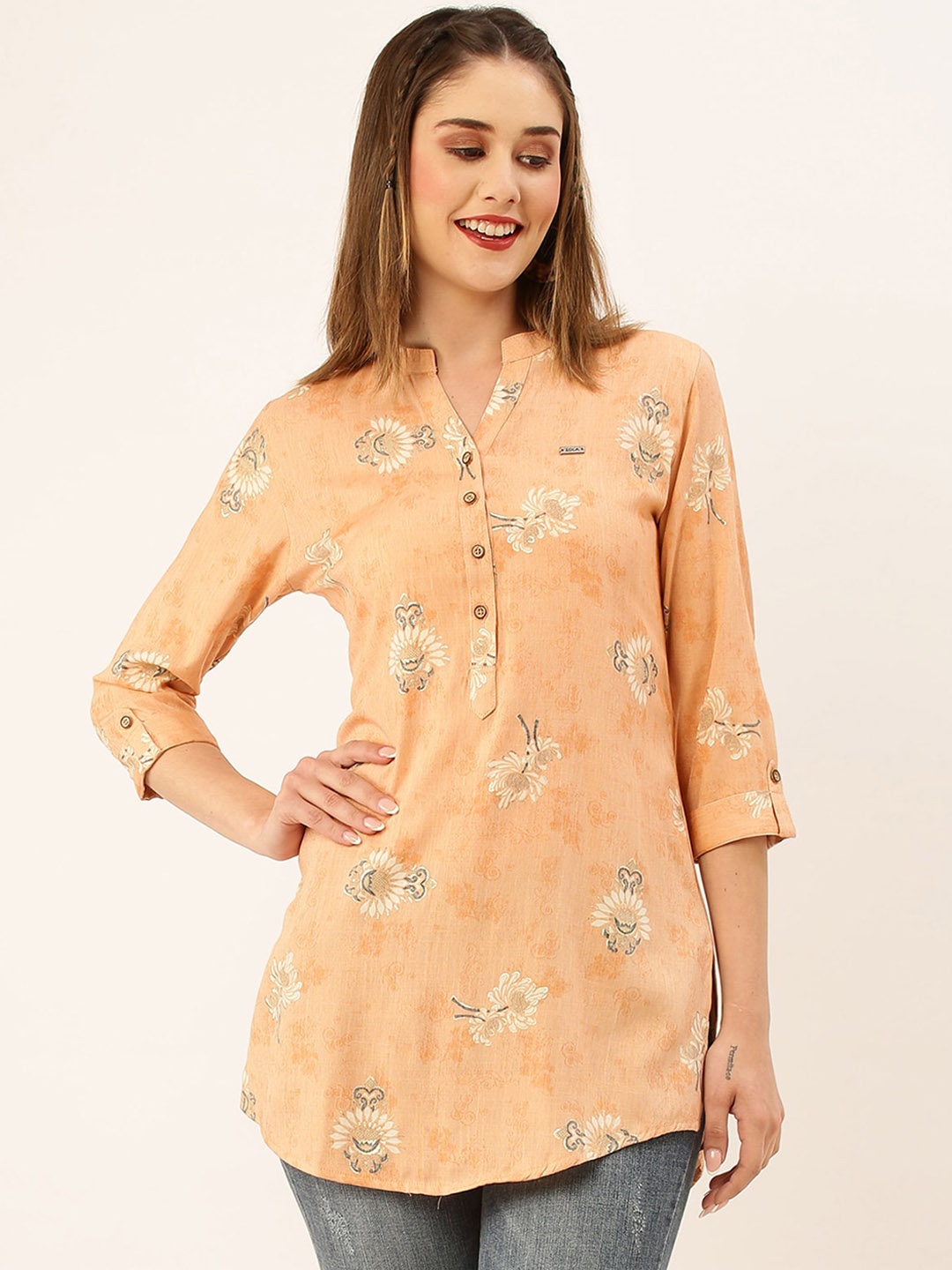 

ODETTE Floral Printed Mandarin Collar Kurti, Peach