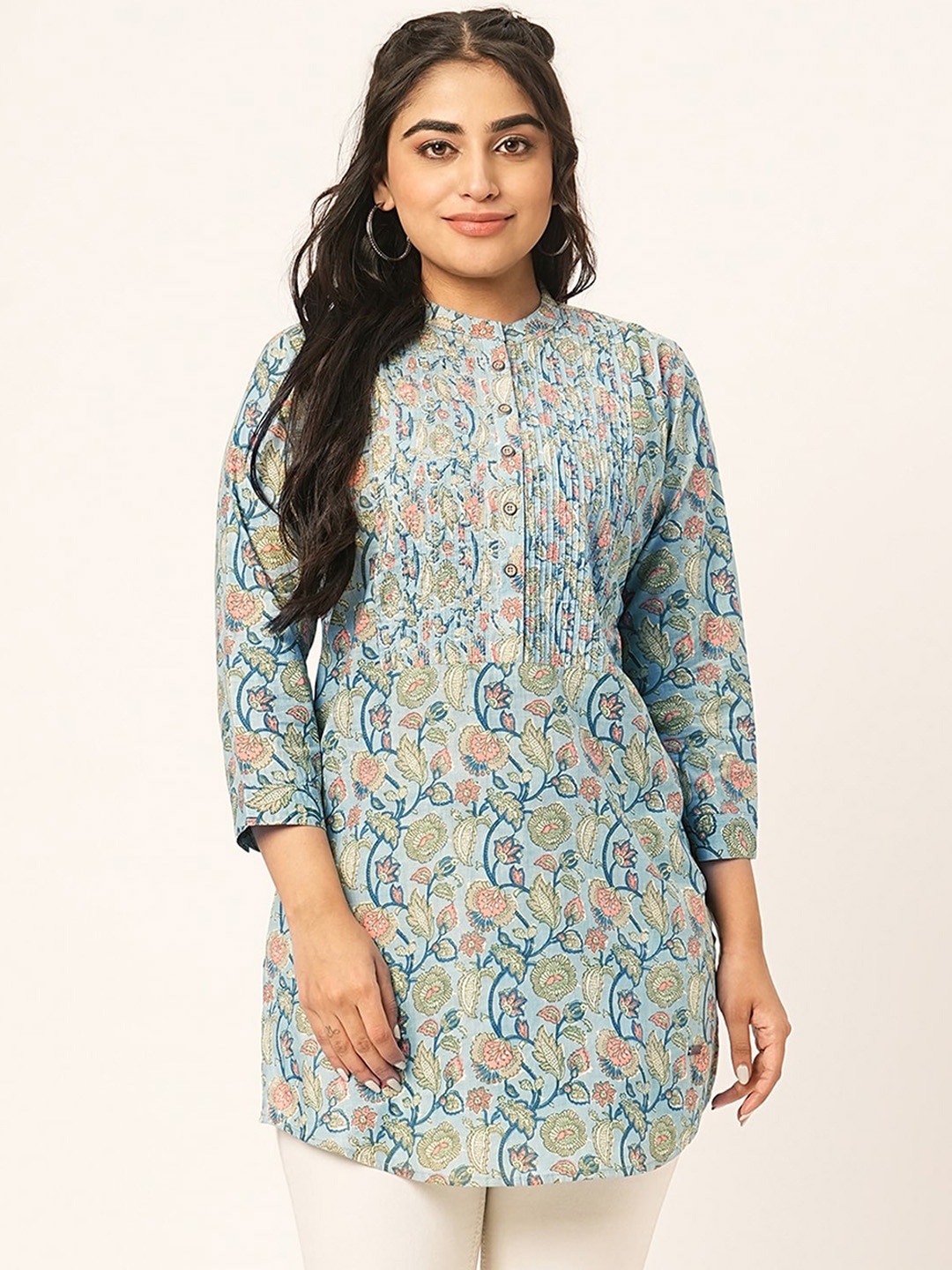 

ODETTE Floral Printed Mandarin Collar A-Line Kurti, Blue