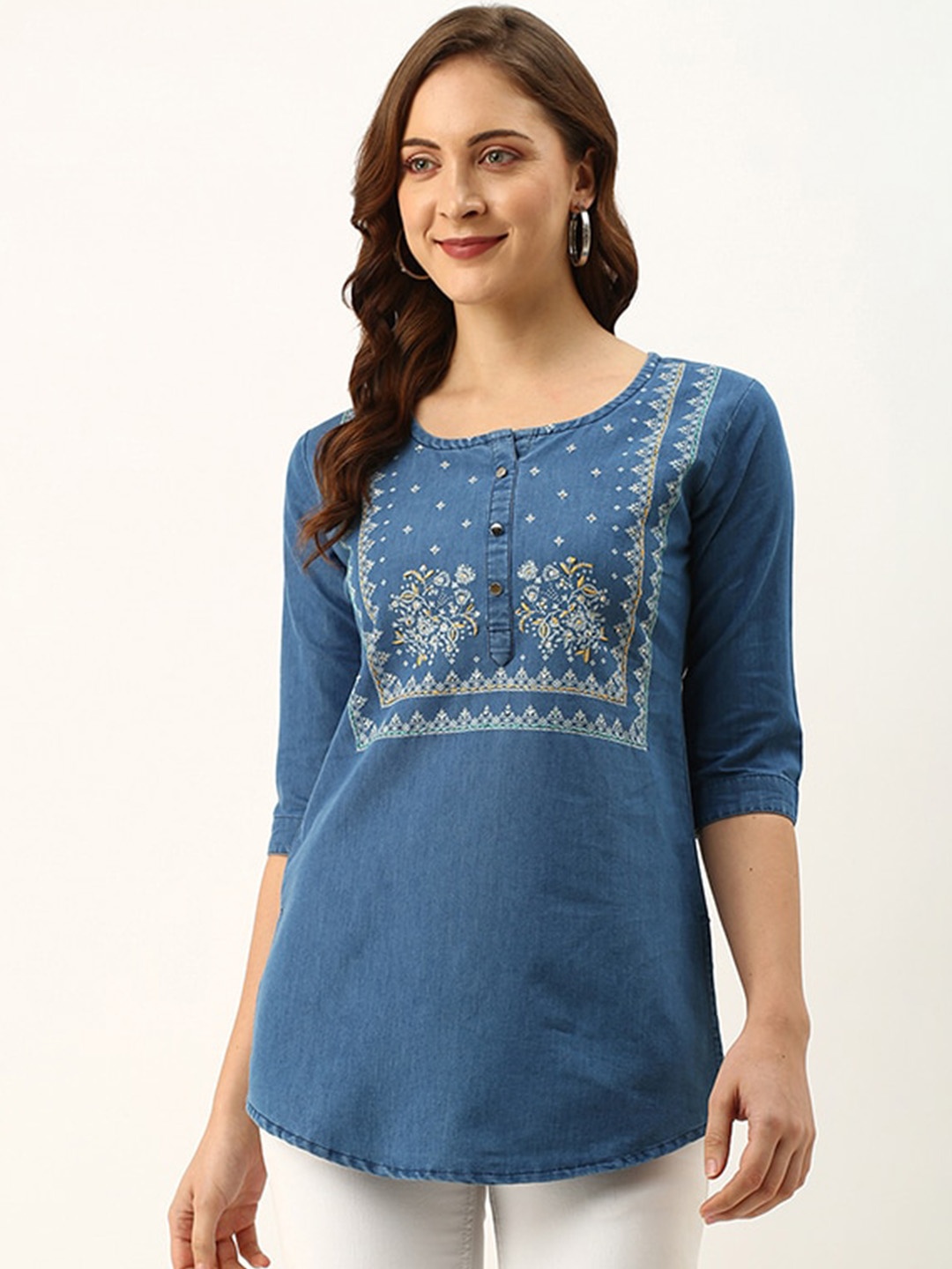 

ODETTE Floral Embroidered Denim Stitched Short Kurta, Blue