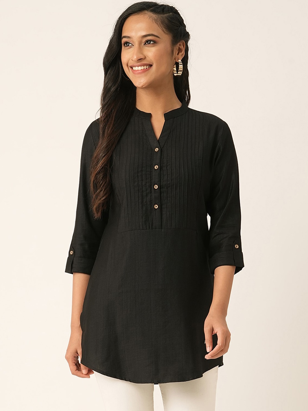 

ODETTE Mandarin Collar Stitched Short Kurta, Black