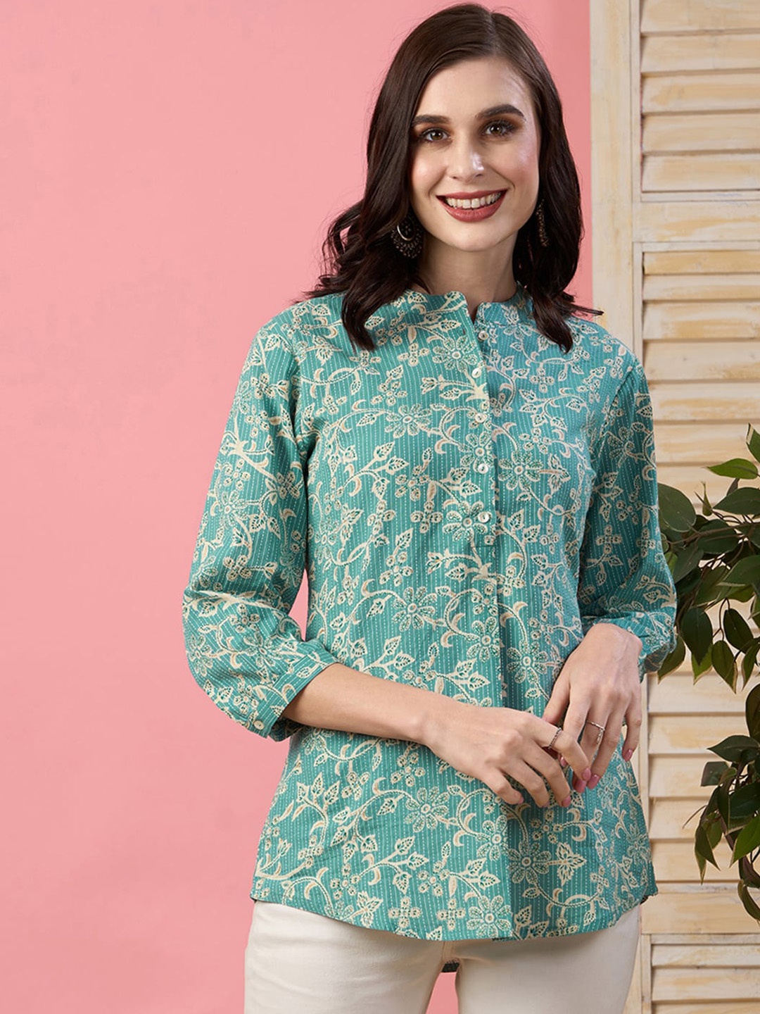 

ODETTE Floral Printed Cotton Short A-Line Kurta, Teal