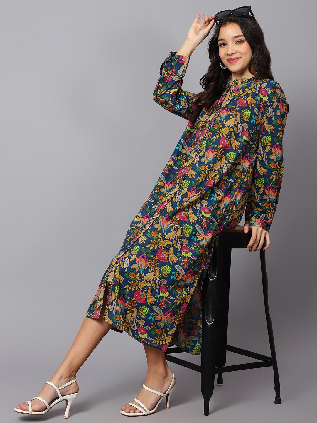 

Safeera Floral Print Puff Sleeve A-Line Midi Dress, Blue