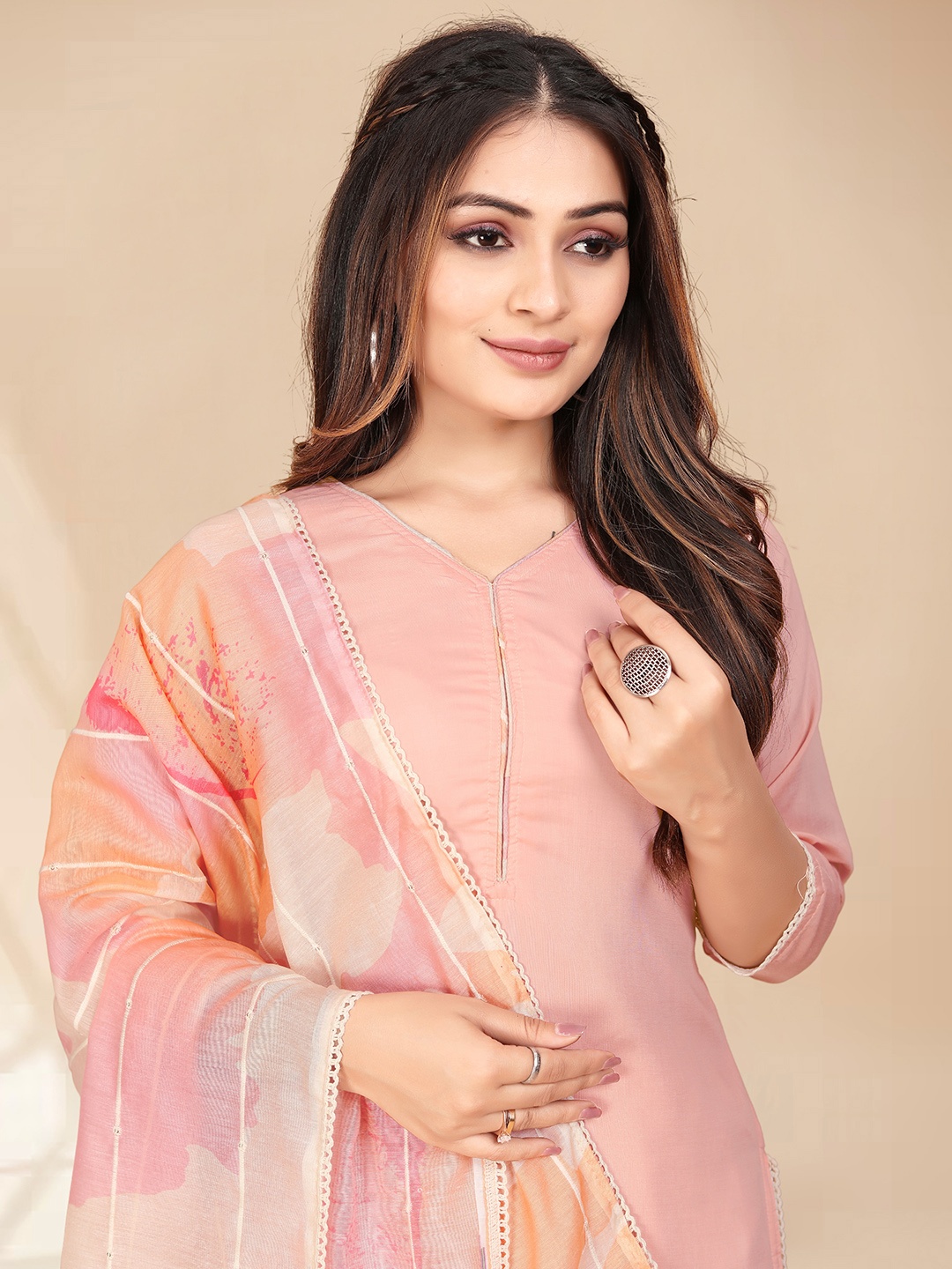 

Anouk Pink V-Neck Regular Sleeves Gotta Patti Kurta with Trousers & Dupatta