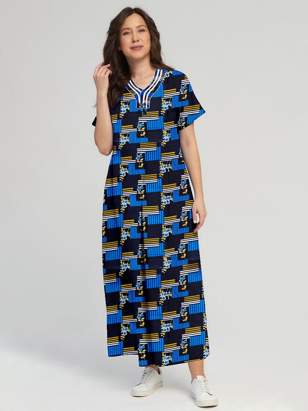 

CAMISON Floral Printed Pure Cotton Nightdress, Blue