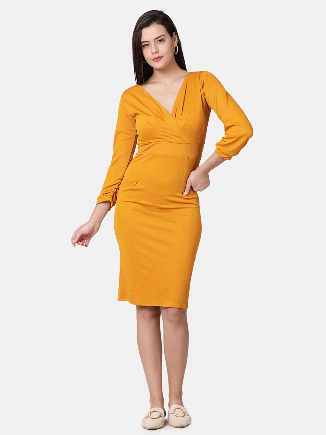 

WESTHOOD V-Neck Bodycon Dress, Mustard