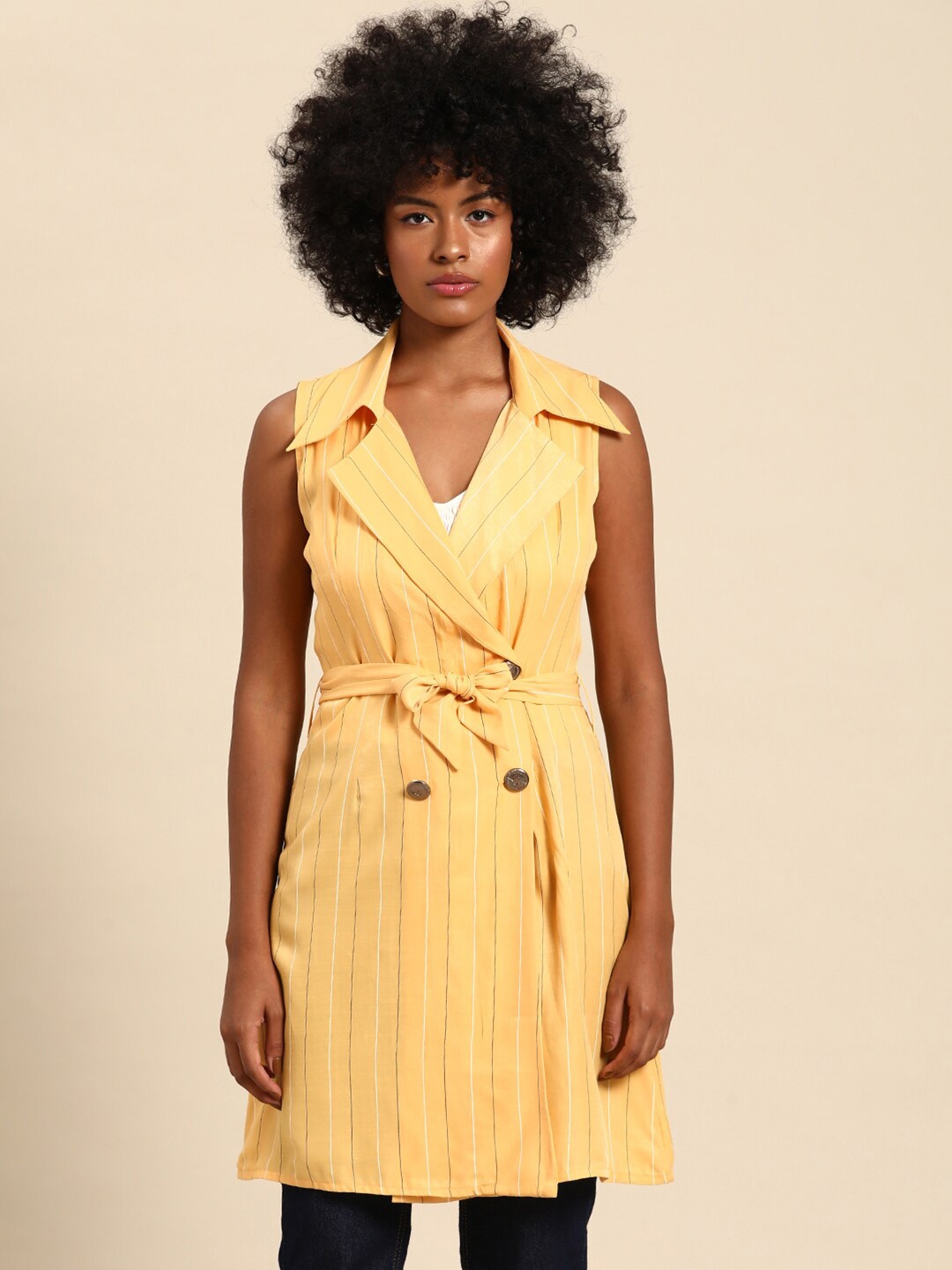 

WoowZerz Striped Cotton Longline Tie-Up Shrug, Yellow