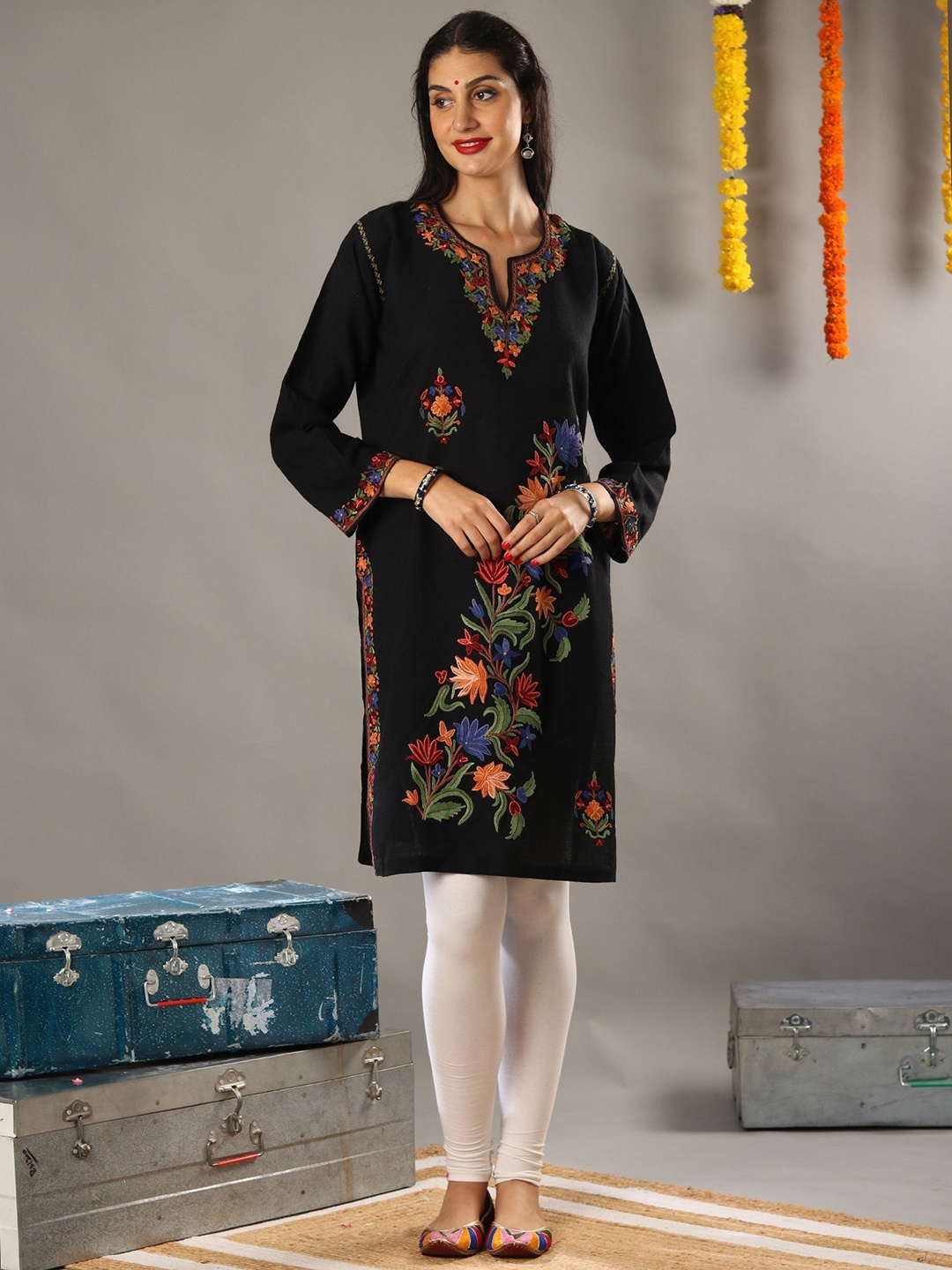 

Exotic India Floral Embroidered Woolen Straight Kurta, Black