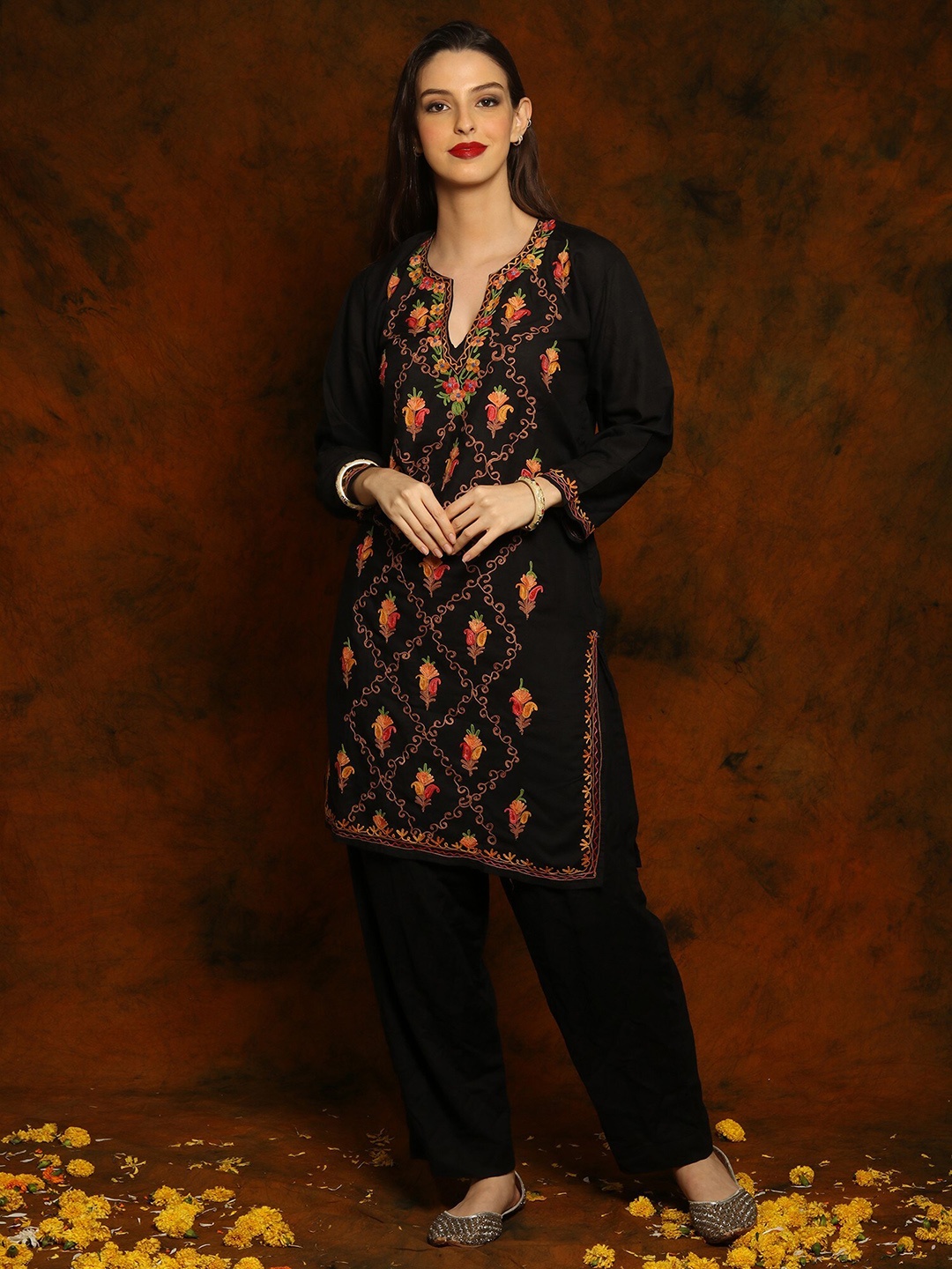 

Exotic India Floral Embroidered Cotton Straight Kurti, Black