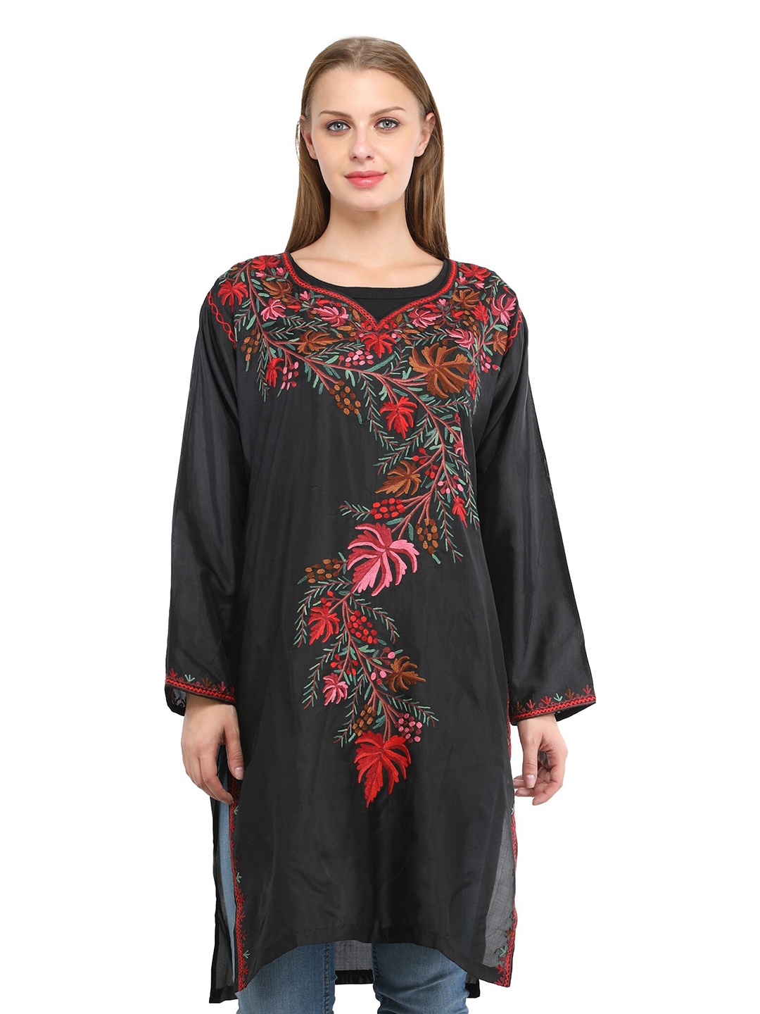 

Exotic India Phantom Black Kashmiri Long Kurti with Aari Embroidered Flower & Maple Leaves
