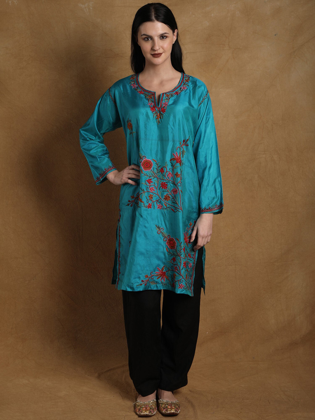 

Exotic India Floral Embroidered Notched Neck Aari Work Pure Silk Kurti, Blue