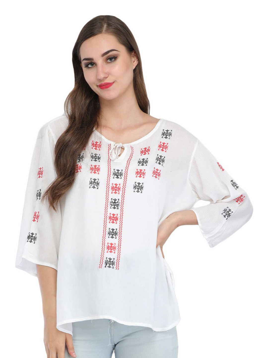 

Exotic India Ethnic Motifs Embroidered Pure Cotton Kurti, White