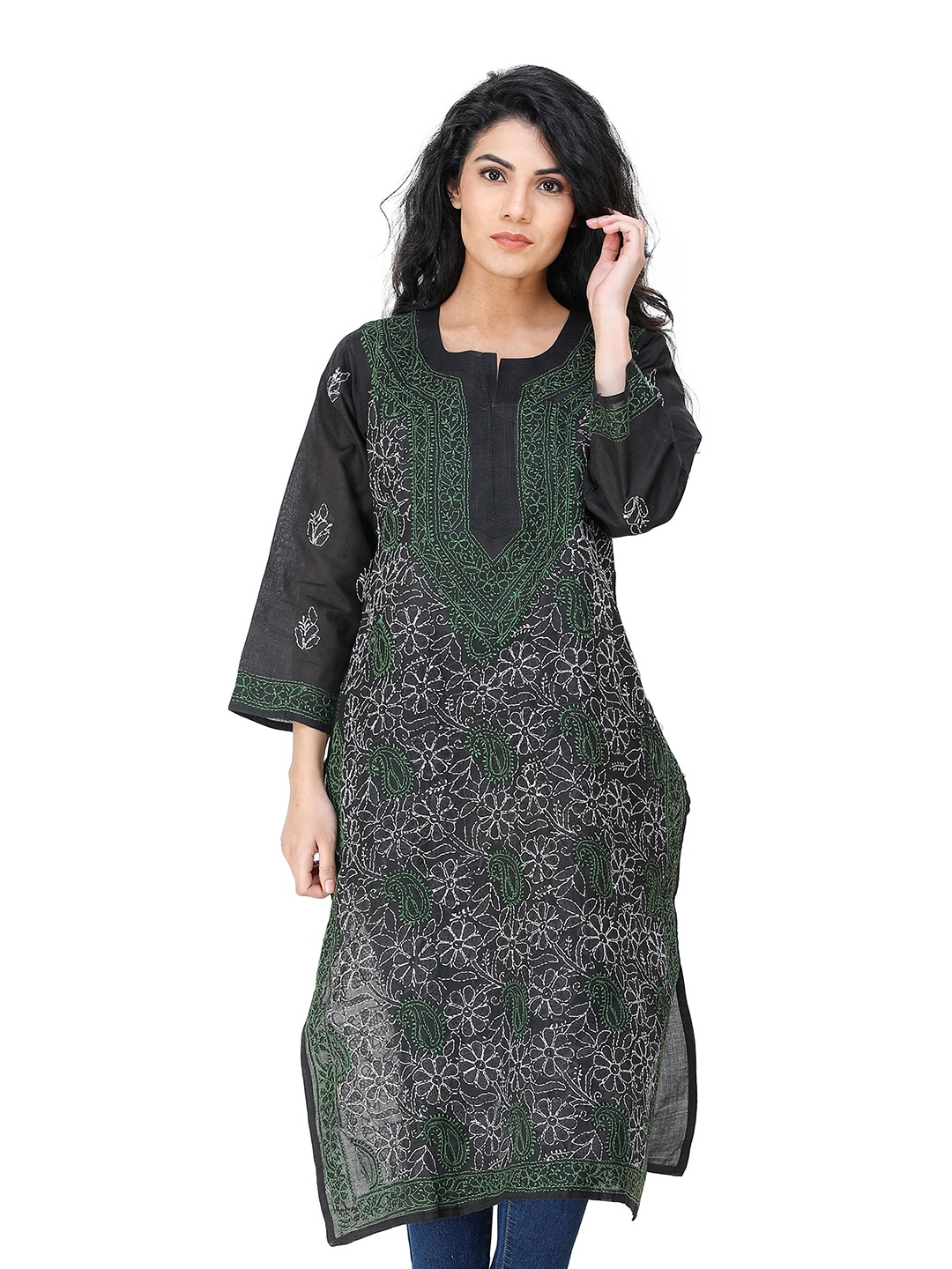 

Exotic India Jet Black Lukhnavi Chikan Kurti with Embroidered Flowers & Paisleys All-Over